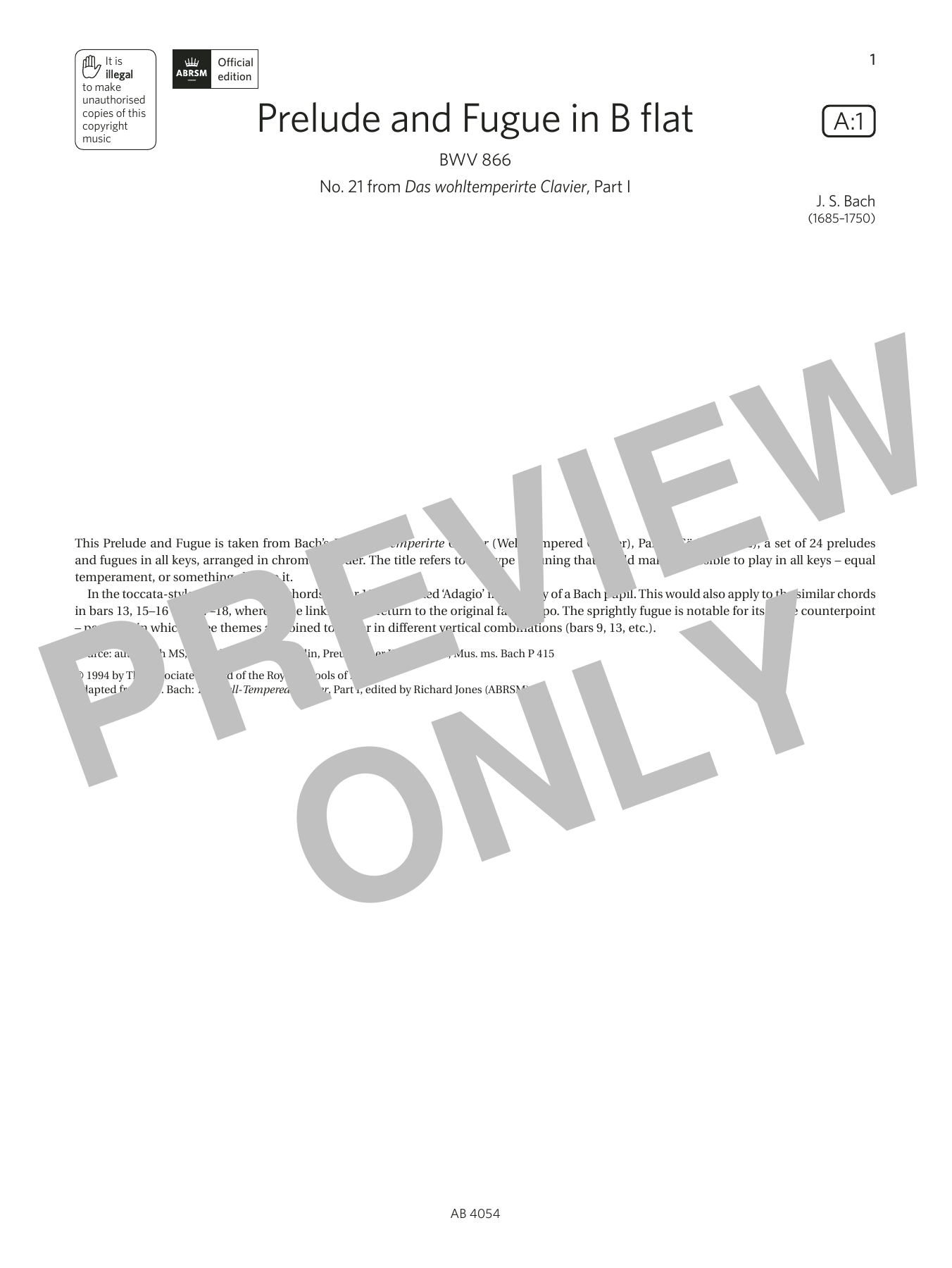 J S Bach Prelude and Fugue in B flat (Grade 8, list A1, from the ABRSM Piano Syllabus 2023 & 2024) sheet music, chords, lyrics - Printable PDF for Piano Solo