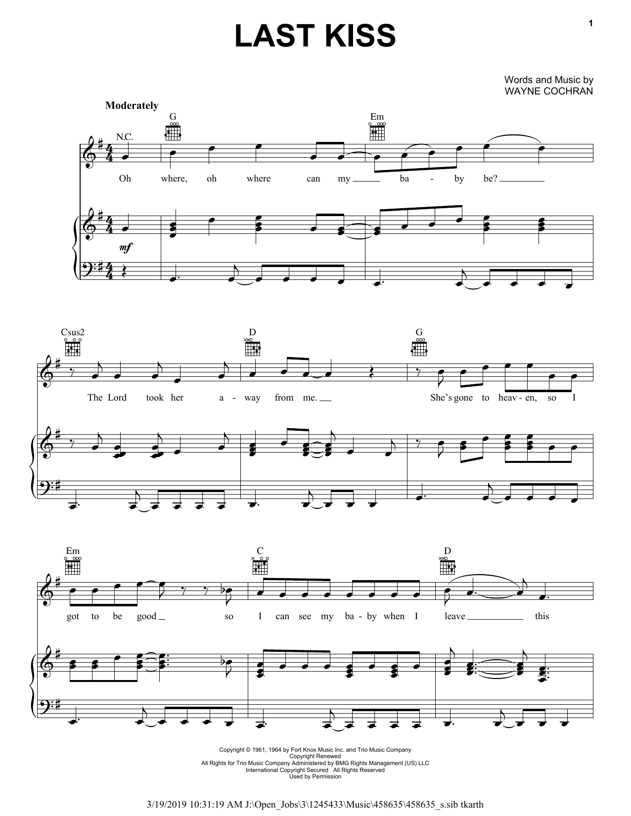 J. Frank Wilson Last Kiss sheet music preview music notes and score for Easy Guitar Tab including 4 page(s)