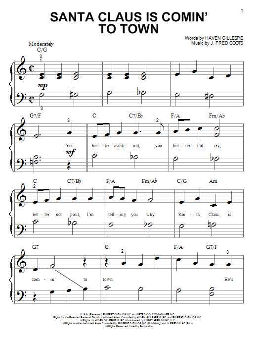 Learn to play J. Fred Coots Santa Claus Is Comin' To Town sheet music for Piano (Big Notes) in minutes. J. Fred Coots Santa Claus Is Comin' To Town sheet music preview music notes and score for Piano (Big Notes) including 3 page(s)