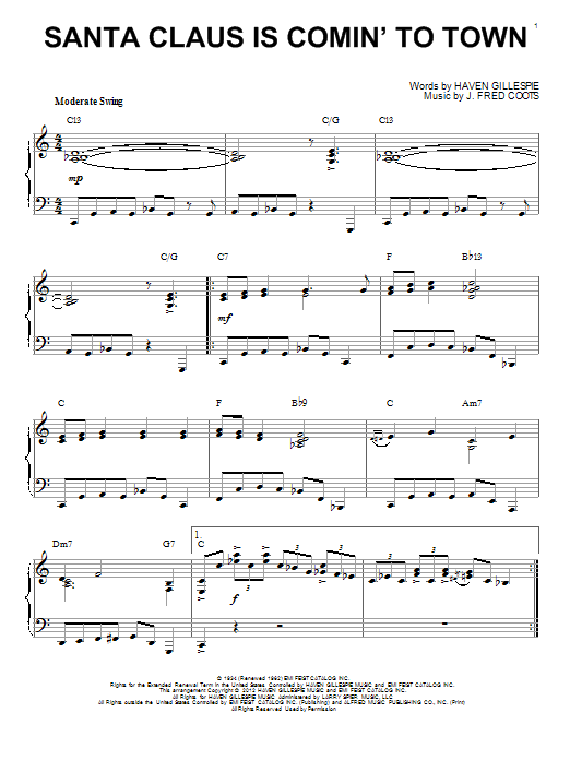 Learn to play J. Fred Coots Santa Claus Is Comin' To Town sheet music for Piano in minutes. J. Fred Coots Santa Claus Is Comin' To Town sheet music preview music notes and score for Piano including 4 page(s)