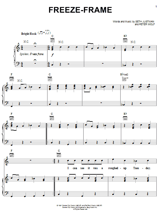The J. Geils Band Freeze Frame sheet music preview music notes and score for Piano, Vocal & Guitar (Right-Hand Melody) including 7 page(s)