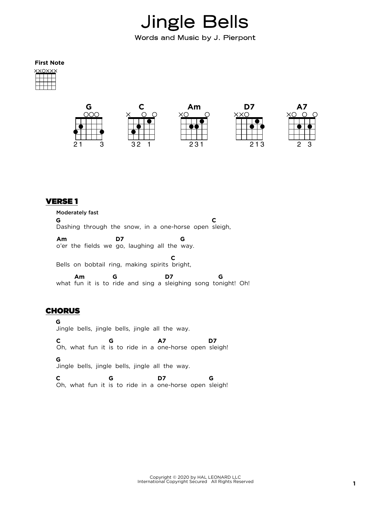 Learn to play J. Pierpont Jingle Bells sheet music for Piano, Vocal & Guitar (Right-Hand Melody) in minutes. J. Pierpont Jingle Bells sheet music notes and chords