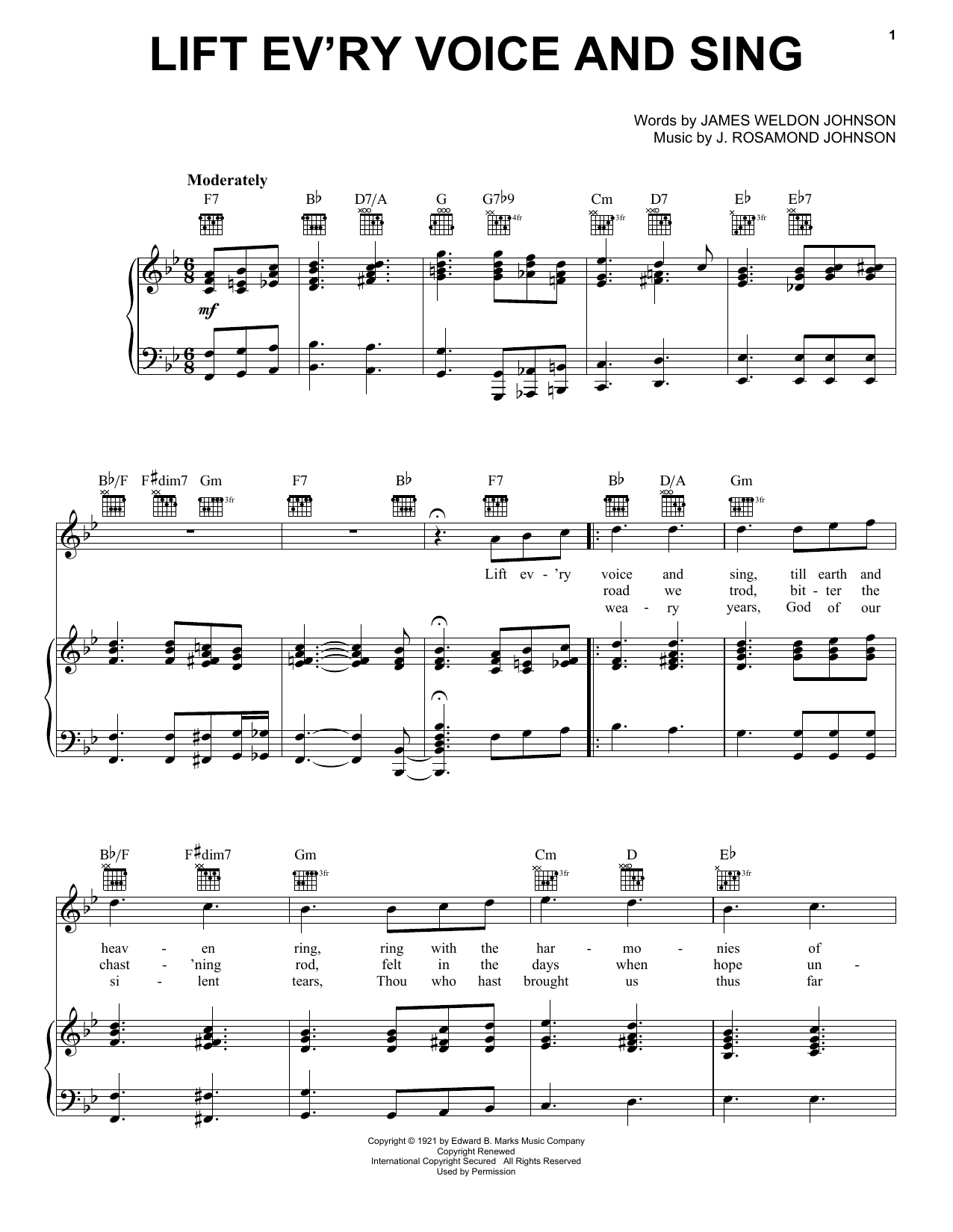 Learn to play J. Rosamond Johnson Lift Ev'ry Voice And Sing sheet music for Piano, Vocal & Guitar (Right-Hand Melody) in minutes. J. Rosamond Johnson Lift Ev'ry Voice And Sing sheet music notes and chords