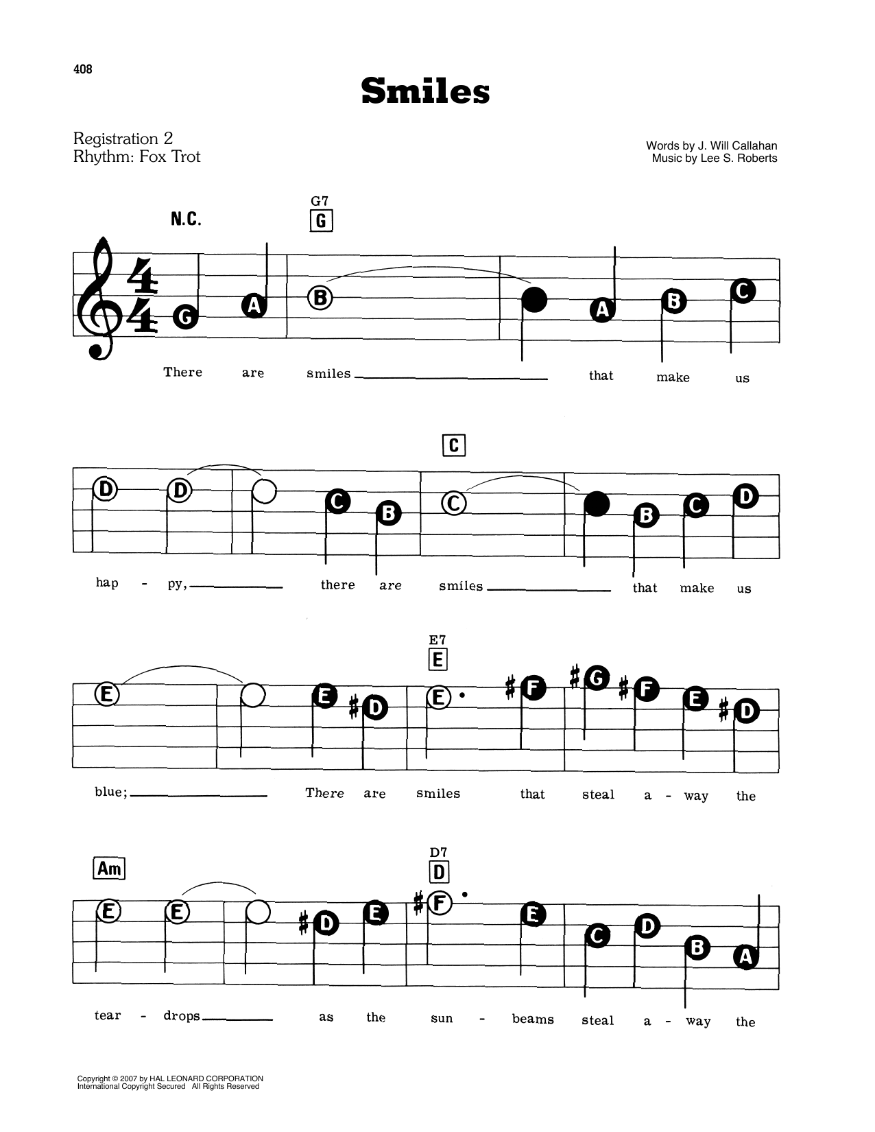 Learn to play J. Will Callahan and Lee S. Roberts Smiles sheet music for E-Z Play Today in minutes. J. Will Callahan and Lee S. Roberts Smiles sheet music preview music notes and score for E-Z Play Today including 2 page(s)