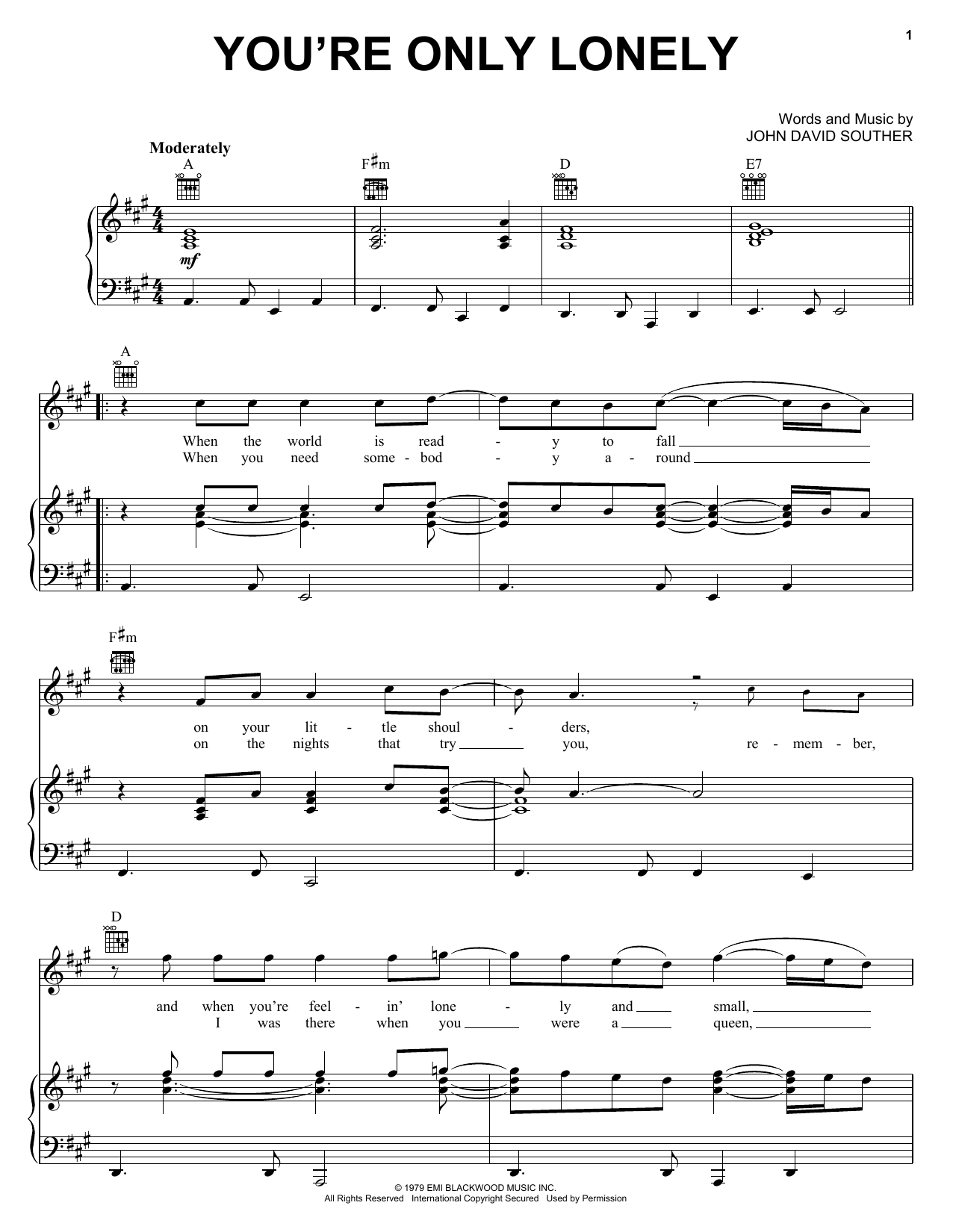 Learn to play J.D. Souther You're Only Lonely sheet music for Lyrics & Chords in minutes. J.D. Souther You're Only Lonely sheet music preview music notes and score for Lyrics & Chords including 2 page(s)