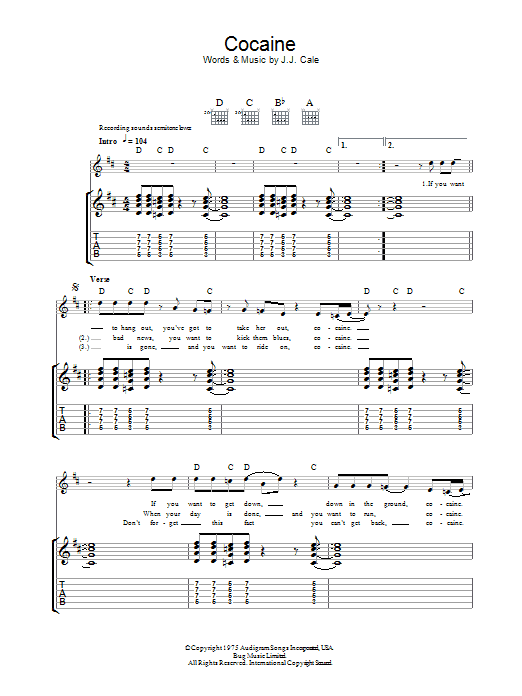 J.J. Cale Cocaine sheet music preview music notes and score for Guitar Tab including 4 page(s)