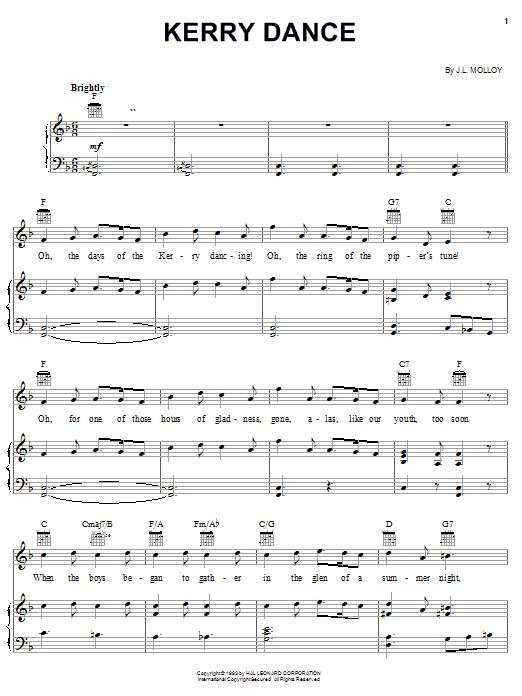 Learn to play James L. Molloy Kerry Dance sheet music for Piano, Vocal & Guitar (Right-Hand Melody) in minutes. James L. Molloy Kerry Dance sheet music preview music notes and score for Piano, Vocal & Guitar (Right-Hand Melody) including 5 page(s)