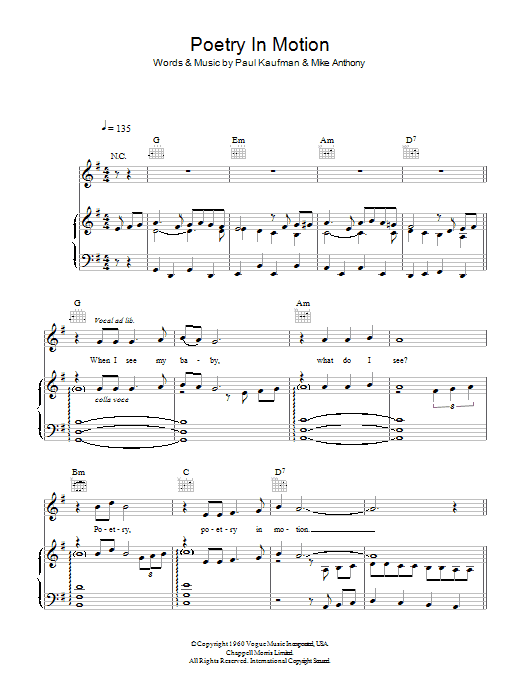 Learn to play Johnny Tillotson Poetry In Motion sheet music for Piano, Vocal & Guitar (Right-Hand Melody) in minutes. Johnny Tillotson Poetry In Motion sheet music preview music notes and score for Piano, Vocal & Guitar (Right-Hand Melody) including 3 page(s)