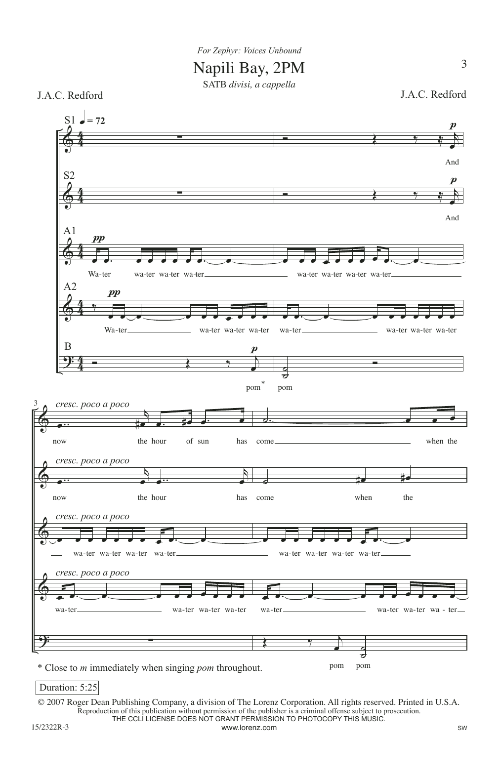 J.A.C. Redford Napili Bay, 2PM sheet music, chords, lyrics - Printable PDF for SATB