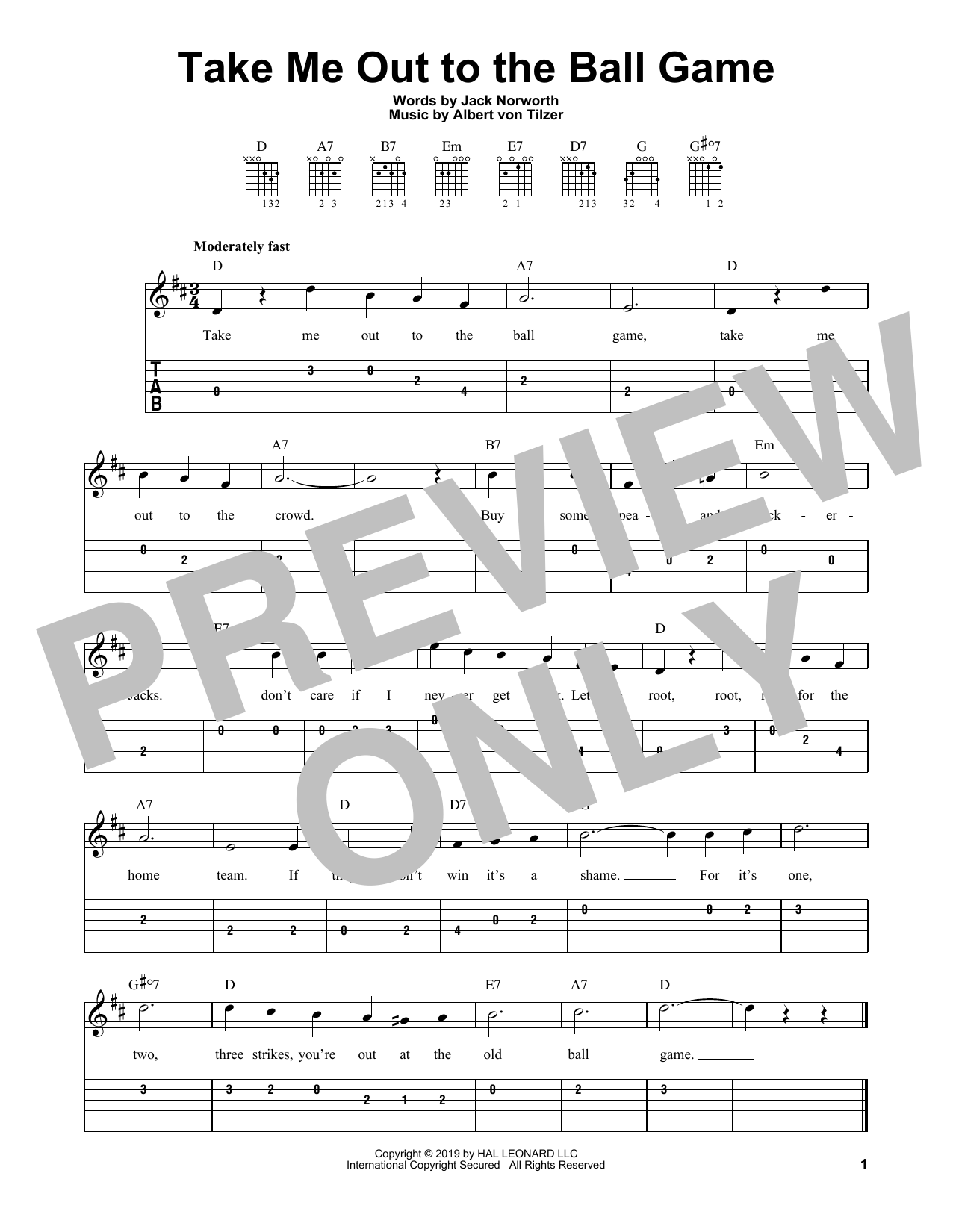 Jack Norworth and Albert von Tilzer Take Me Out To The Ball Game sheet music, chords, lyrics - Printable PDF for Easy Guitar Tab