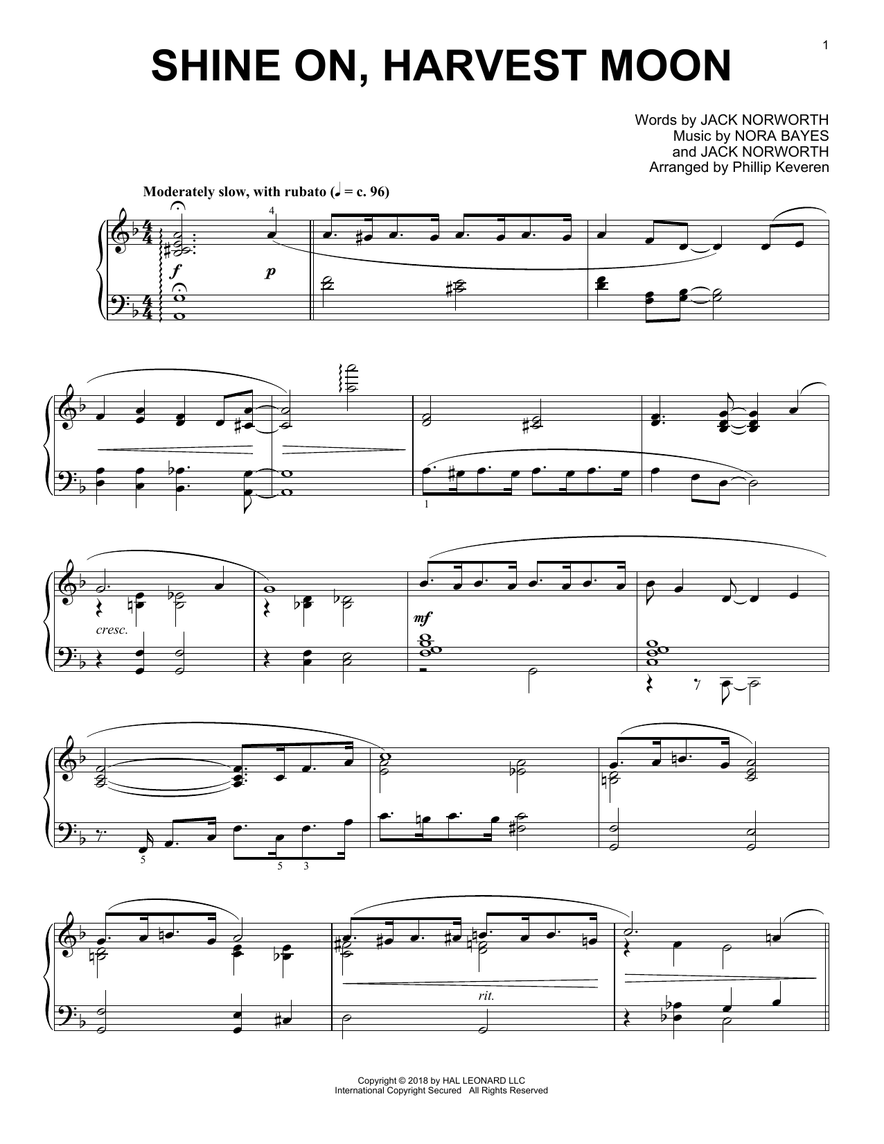 Jack Norworth Shine On, Harvest Moon (arr. Phillip Keveren) sheet music, chords, lyrics - Printable PDF for Piano