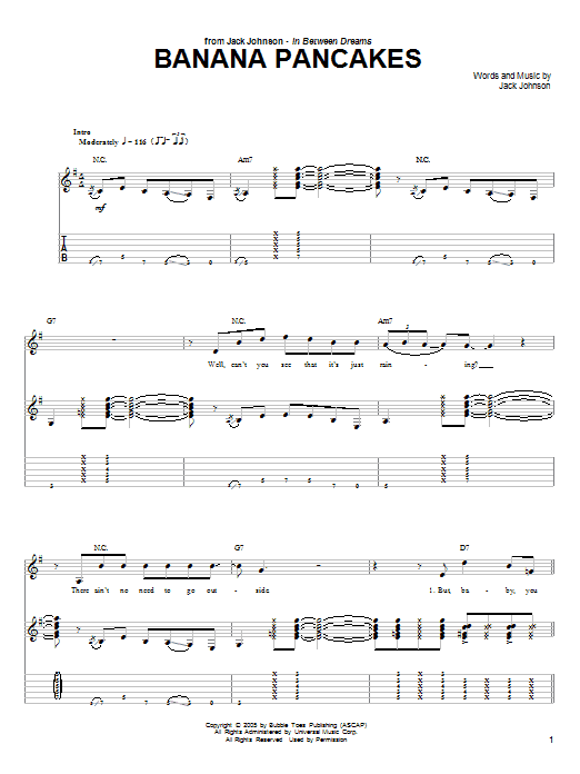Learn to play Jack Johnson Banana Pancakes sheet music for Piano, Vocal & Guitar (Right-Hand Melody) in minutes. Jack Johnson Banana Pancakes sheet music preview music notes and score for Piano, Vocal & Guitar (Right-Hand Melody) including 5 page(s)