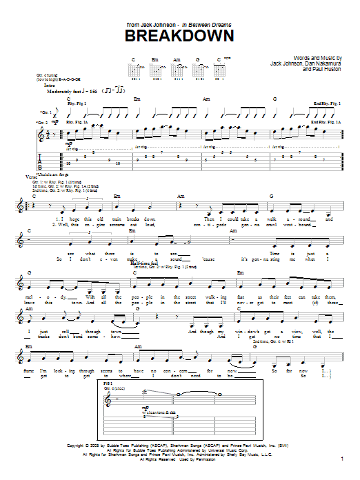 Learn to play Jack Johnson Breakdown sheet music for Piano, Vocal & Guitar (Right-Hand Melody) in minutes. Jack Johnson Breakdown sheet music preview music notes and score for Piano, Vocal & Guitar (Right-Hand Melody) including 6 page(s)
