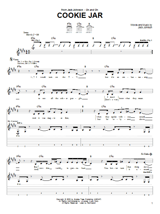 Learn to play Jack Johnson Cookie Jar sheet music for Guitar Tab in minutes. Jack Johnson Cookie Jar sheet music preview music notes and score for Guitar Tab including 3 page(s)