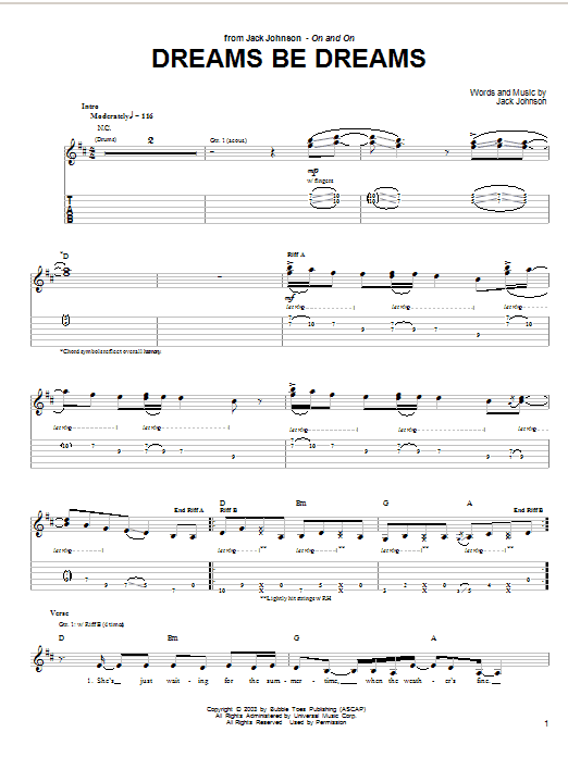 Learn to play Jack Johnson Dreams Be Dreams sheet music for Guitar Tab in minutes. Jack Johnson Dreams Be Dreams sheet music preview music notes and score for Guitar Tab including 4 page(s)