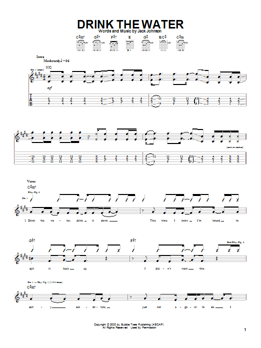 Learn to play Jack Johnson Drink The Water sheet music for Piano, Vocal & Guitar (Right-Hand Melody) in minutes. Jack Johnson Drink The Water sheet music preview music notes and score for Piano, Vocal & Guitar (Right-Hand Melody) including 8 page(s)