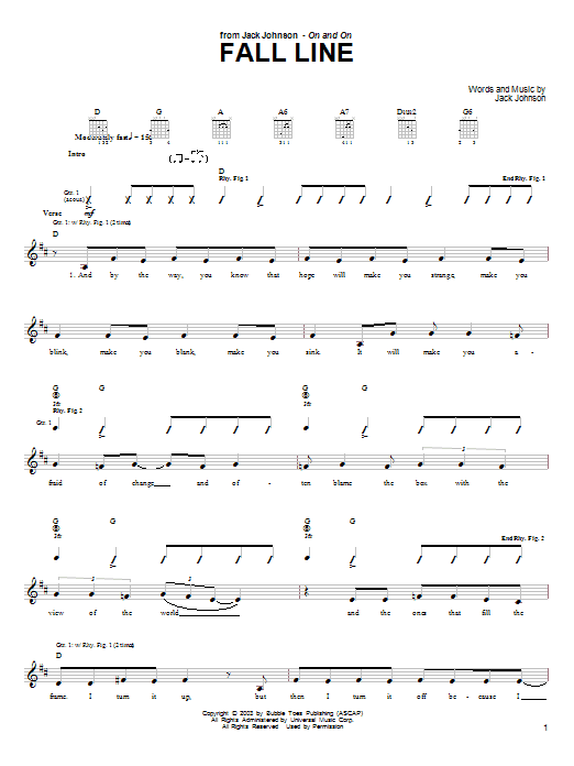Learn to play Jack Johnson Fall Line sheet music for Piano, Vocal & Guitar (Right-Hand Melody) in minutes. Jack Johnson Fall Line sheet music preview music notes and score for Piano, Vocal & Guitar (Right-Hand Melody) including 5 page(s)