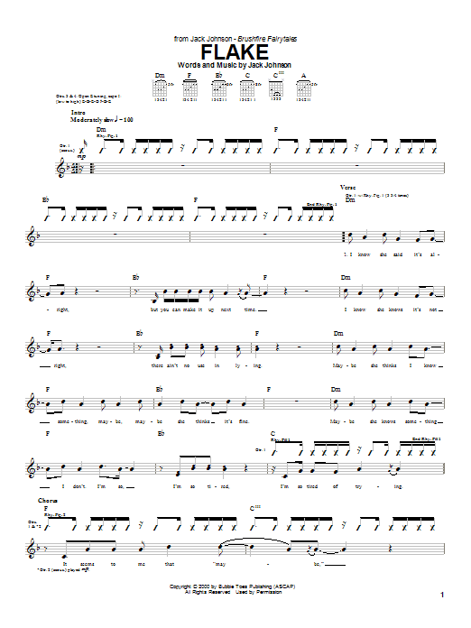 Learn to play Jack Johnson Flake sheet music for Piano, Vocal & Guitar (Right-Hand Melody) in minutes. Jack Johnson Flake sheet music preview music notes and score for Piano, Vocal & Guitar (Right-Hand Melody) including 9 page(s)