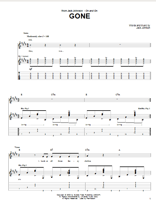 Learn to play Jack Johnson Gone sheet music for Guitar Tab in minutes. Jack Johnson Gone sheet music preview music notes and score for Guitar Tab including 4 page(s)