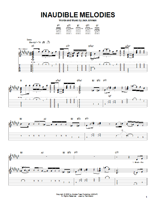 Learn to play Jack Johnson Inaudible Melodies sheet music for Piano, Vocal & Guitar (Right-Hand Melody) in minutes. Jack Johnson Inaudible Melodies sheet music preview music notes and score for Piano, Vocal & Guitar (Right-Hand Melody) including 7 page(s)