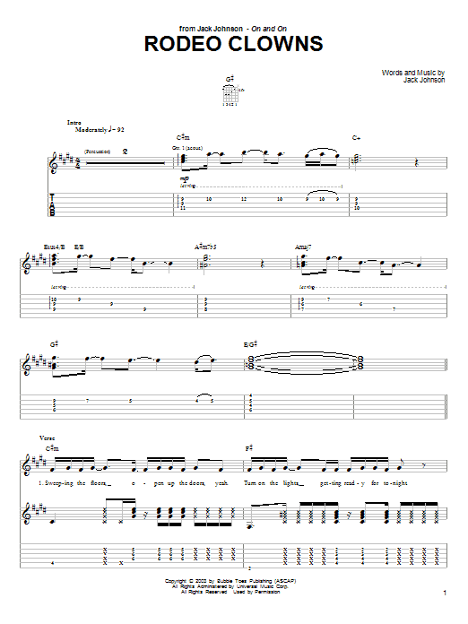 Learn to play Jack Johnson Rodeo Clowns sheet music for Guitar Tab in minutes. Jack Johnson Rodeo Clowns sheet music preview music notes and score for Guitar Tab including 3 page(s)