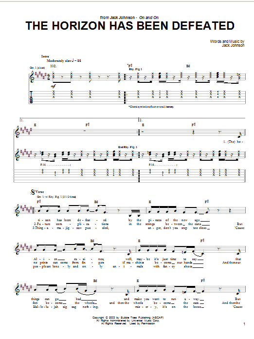 Jack Johnson The Horizon Has Been Defeated sheet music preview music notes and score for Piano, Vocal & Guitar (Right-Hand Melody) including 5 page(s)