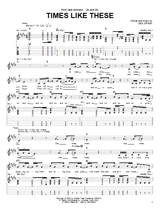 Learn to play Jack Johnson Times Like These sheet music for Guitar Tab in minutes. Jack Johnson Times Like These sheet music preview music notes and score for Guitar Tab including 2 page(s)