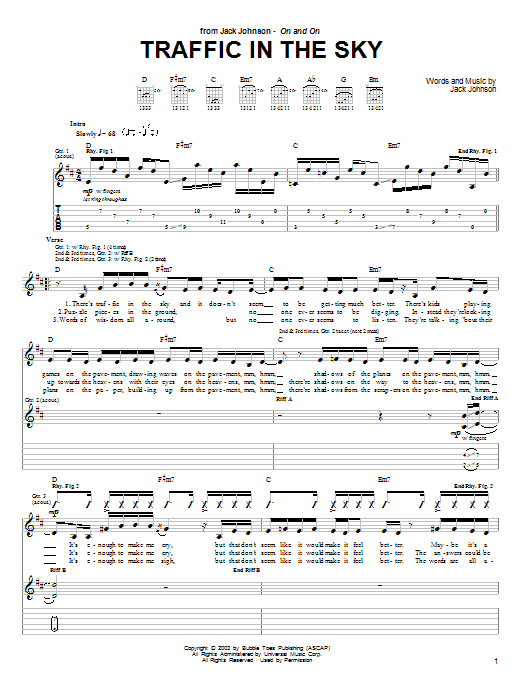 Learn to play Jack Johnson Traffic In The Sky sheet music for Guitar Tab in minutes. Jack Johnson Traffic In The Sky sheet music preview music notes and score for Guitar Tab including 2 page(s)