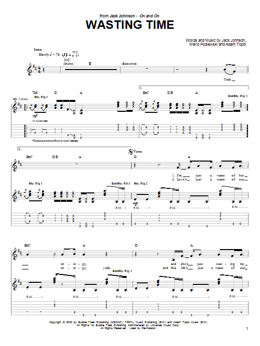 Learn to play Jack Johnson Wasting Time sheet music for Guitar Tab in minutes. Jack Johnson Wasting Time sheet music preview music notes and score for Guitar Tab including 5 page(s)