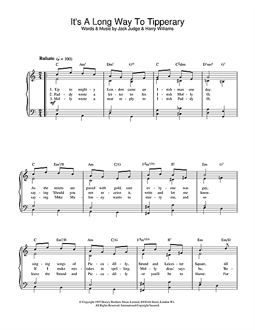 Learn to play Jack Judge It's A Long Way To Tipperary sheet music for Piano, Vocal & Guitar (Right-Hand Melody) in minutes. Jack Judge It's A Long Way To Tipperary sheet music notes and chords