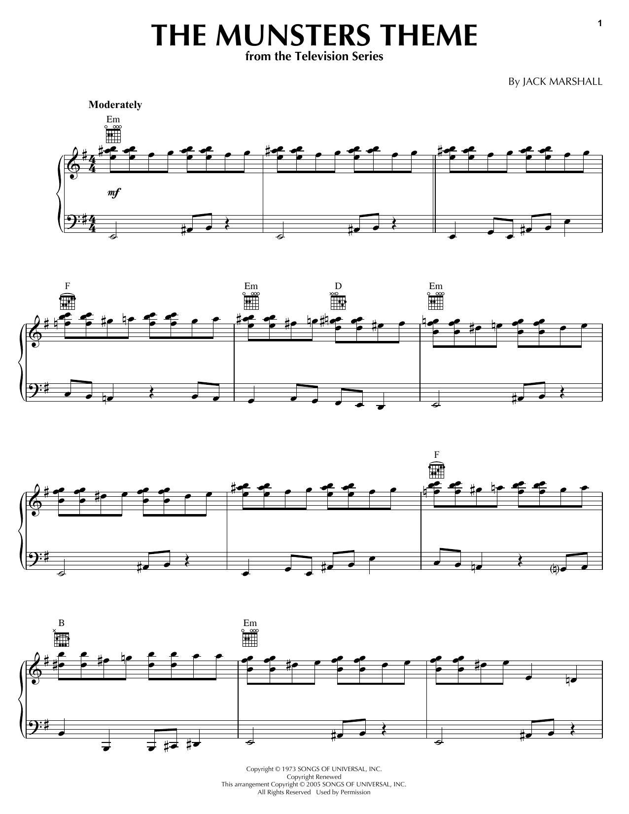 Learn to play Jack Marshall The Munsters Theme sheet music for Piano in minutes. Jack Marshall The Munsters Theme sheet music preview music notes and score for Piano including 2 page(s)