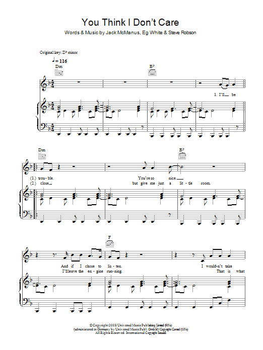 Learn to play Jack McManus You Think I Don't Care sheet music for Piano, Vocal & Guitar in minutes. Jack McManus You Think I Don't Care sheet music preview music notes and score for Piano, Vocal & Guitar including 5 page(s)