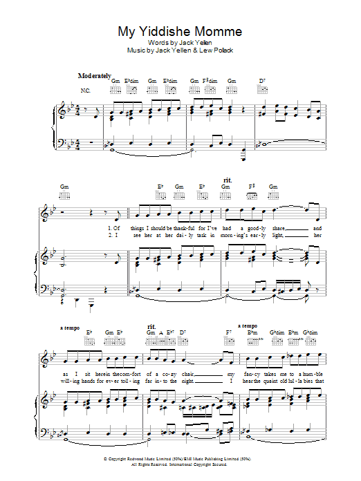 Jack Yellen My Yiddishe Momme sheet music preview music notes and score for Piano, Vocal & Guitar (Right-Hand Melody) including 5 page(s)