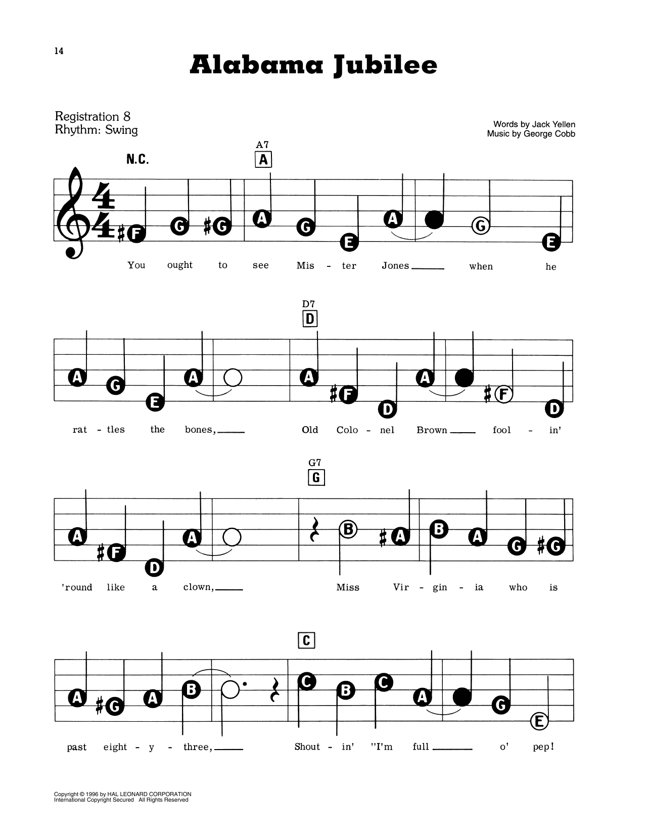 Learn to play Jack Yellen and George L. Cobb Alabama Jubilee sheet music for E-Z Play Today in minutes. Jack Yellen and George L. Cobb Alabama Jubilee sheet music preview music notes and score for E-Z Play Today including 2 page(s)
