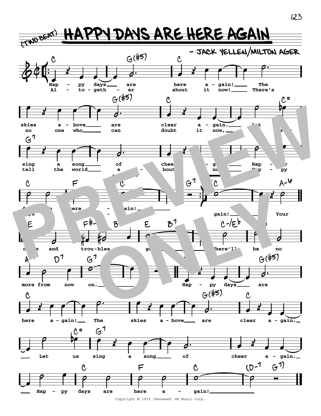Jack Yellen And Milton Ager Happy Days Are Here Again High Voice From Chasing Rainbows Sheet Music Download Printable Pdf Music Notes Score Chords 471977