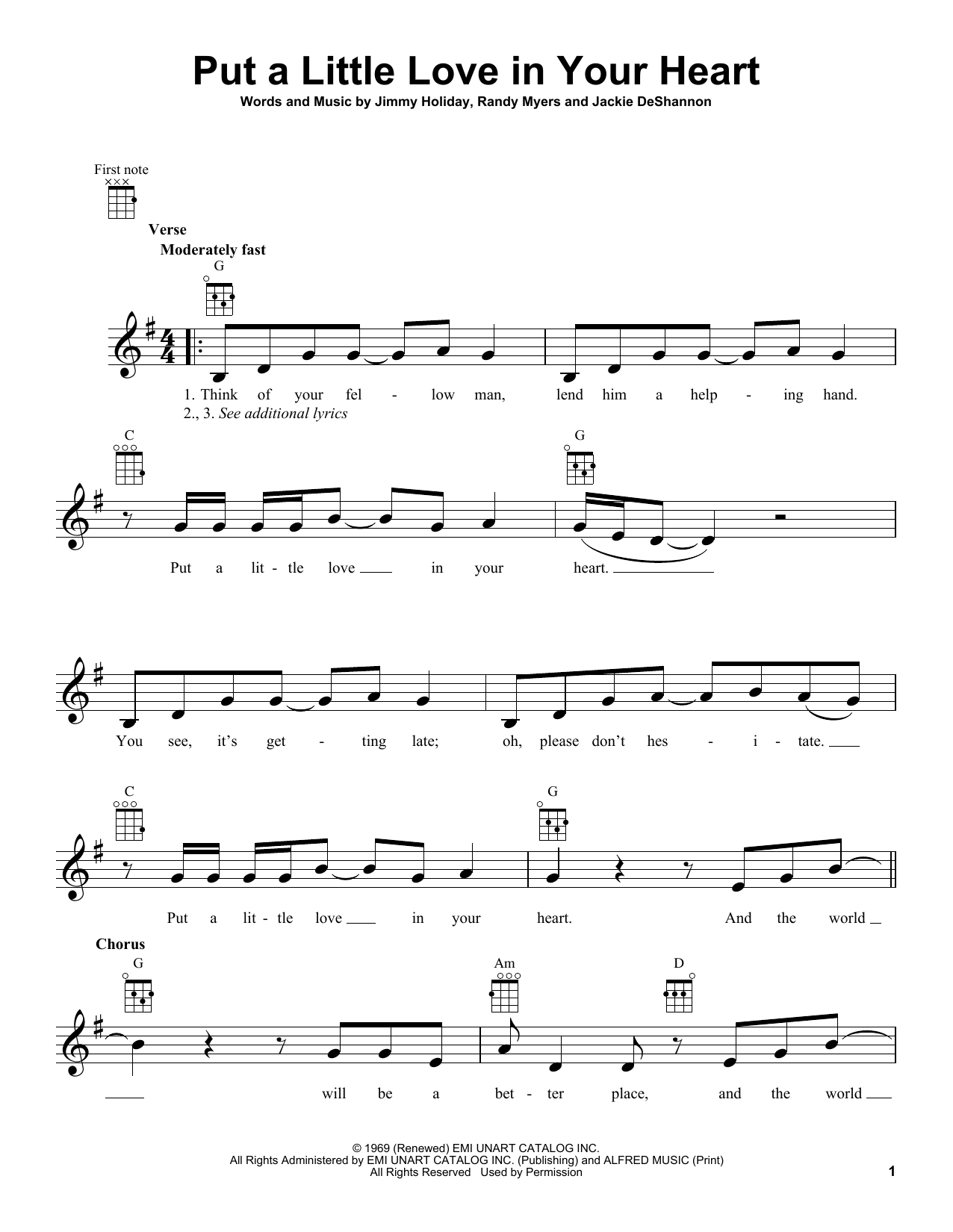 Learn to play Jackie DeShannon Put A Little Love In Your Heart sheet music for Piano, Vocal & Guitar (Right-Hand Melody) in minutes. Jackie DeShannon Put A Little Love In Your Heart sheet music preview music notes and score for Piano, Vocal & Guitar (Right-Hand Melody) including 4 page(s)