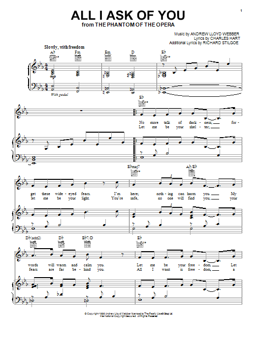 Learn to play Jackie Evancho All I Ask Of You sheet music for Piano, Vocal & Guitar (Right-Hand Melody) in minutes. Jackie Evancho All I Ask Of You sheet music preview music notes and score for Piano, Vocal & Guitar (Right-Hand Melody) including 4 page(s)