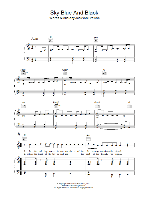 Jackson Browne Sky Blue And Black sheet music preview music notes and score for Piano, Vocal & Guitar including 7 page(s)