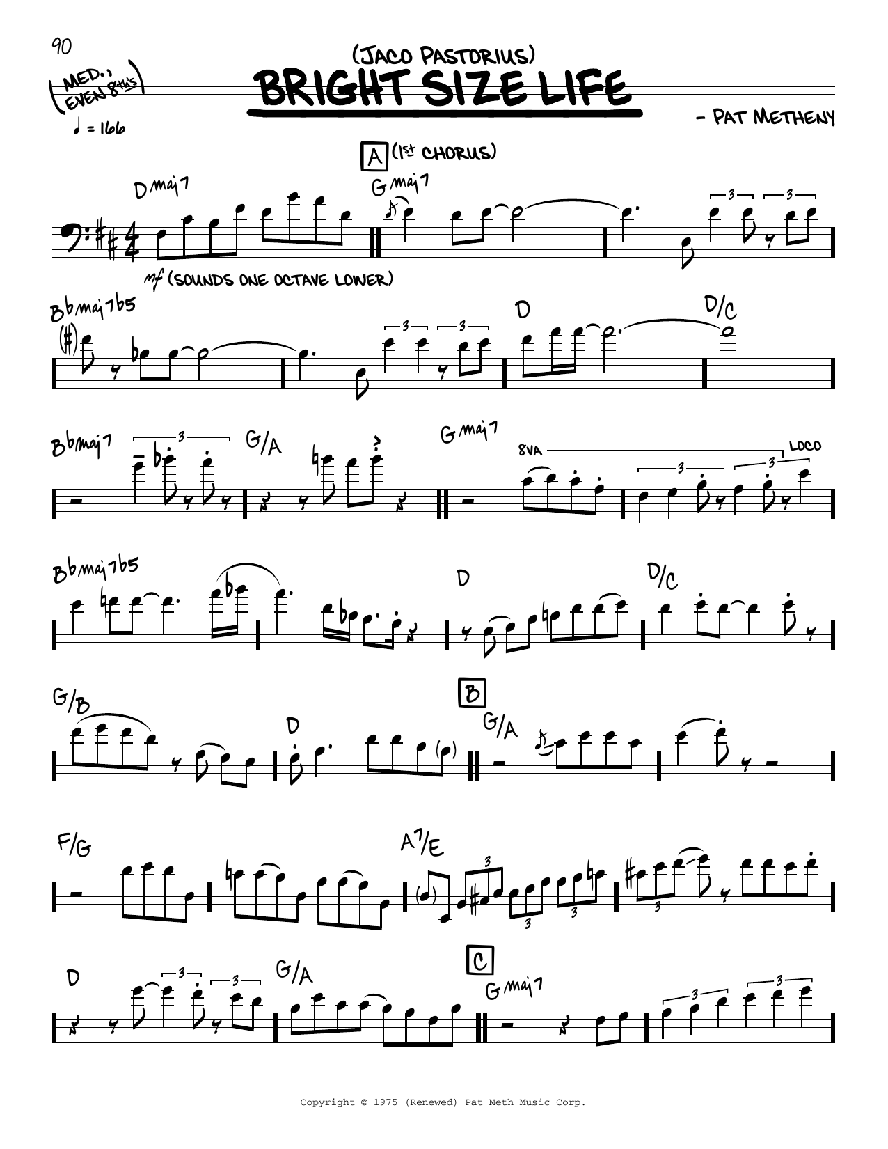 Jaco Pastorius Bright Size Life (solo only) sheet music, chords, lyrics - Printable PDF for Real Book – Melody & Chords