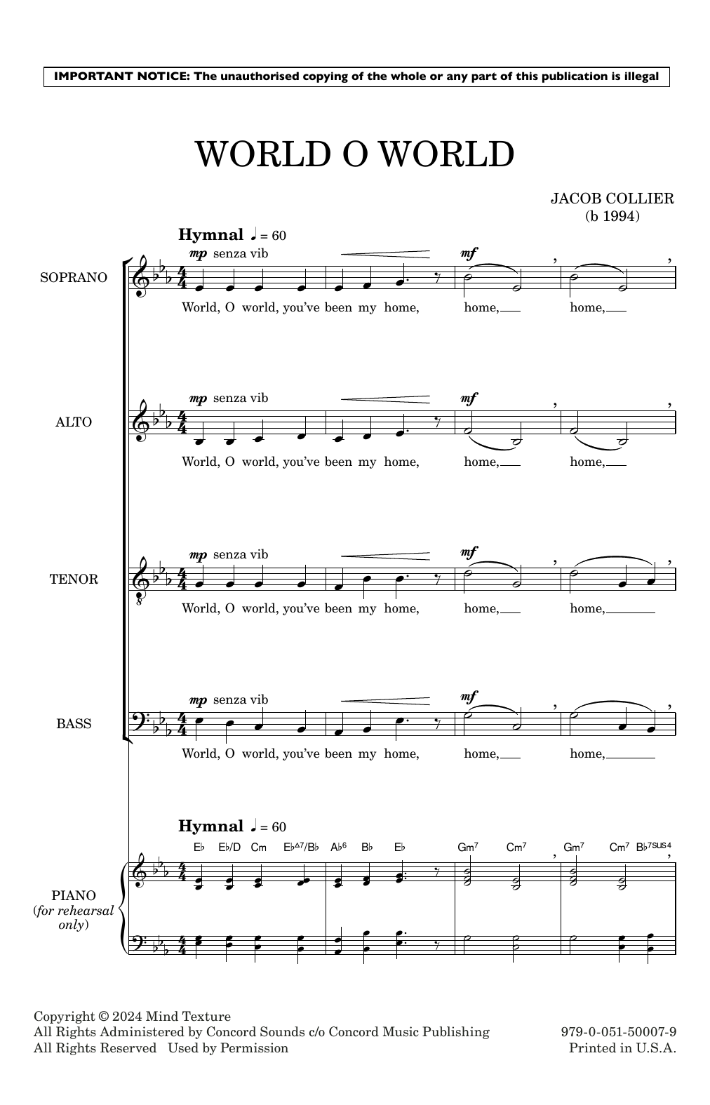 Jacob Collier World O World sheet music, chords, lyrics - Printable PDF for Choir