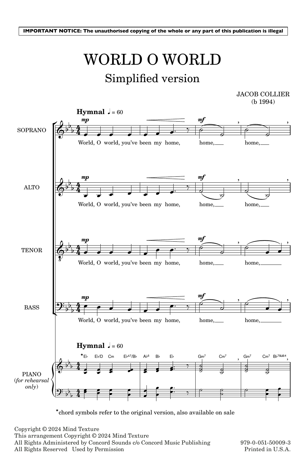Jacob Collier World O World (Simplified version) sheet music, chords, lyrics - Printable PDF for Choir
