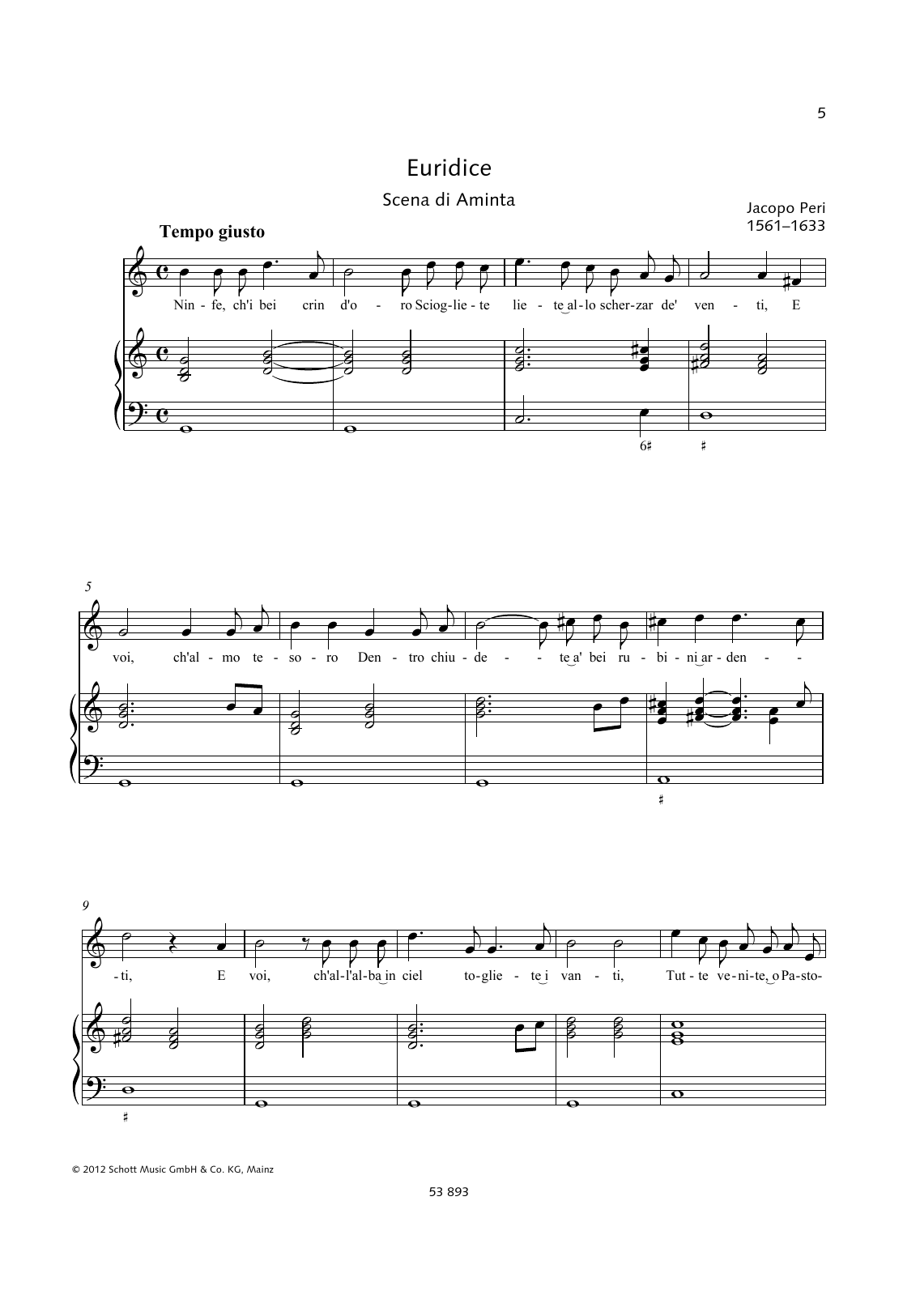 Jacopo Peri Ninfe, ch'i bei crin d'oro Sciogliete sheet music, chords, lyrics - Printable PDF for Piano & Vocal