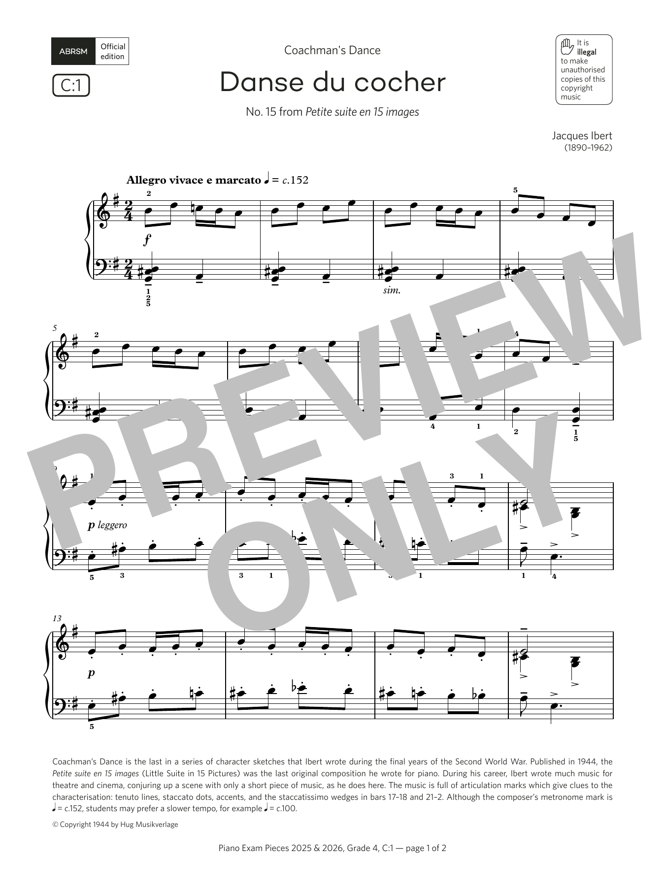 Jacques Ibert Danse du cocher (Grade 4, list C1, from the ABRSM Piano Syllabus 2025 & 2026) sheet music, chords, lyrics - Printable PDF for Piano Solo