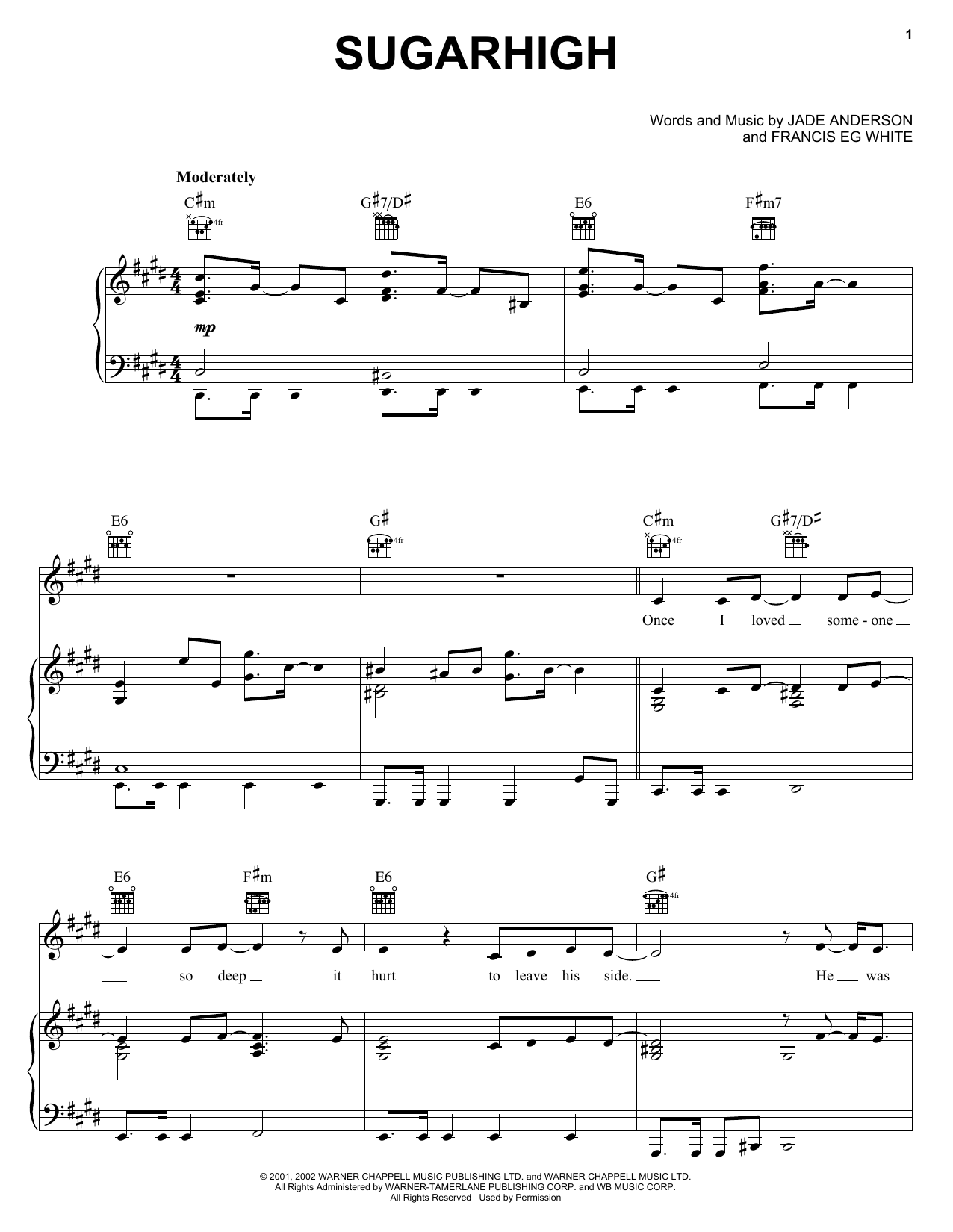 Learn to play Jade Anderson Sugarhigh sheet music for Piano, Vocal & Guitar (Right-Hand Melody) in minutes. Jade Anderson Sugarhigh sheet music preview music notes and score for Piano, Vocal & Guitar (Right-Hand Melody) including 8 page(s)