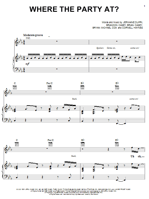 Jagged Edge and Nelly Where The Party At sheet music preview music notes and score for Piano, Vocal & Guitar (Right-Hand Melody) including 10 page(s)