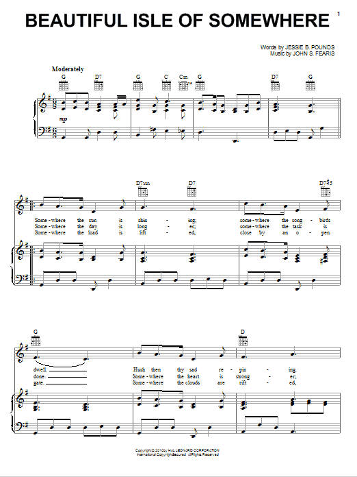 Learn to play Jake Hess Beautiful Isle Of Somewhere sheet music for Piano, Vocal & Guitar (Right-Hand Melody) in minutes. Jake Hess Beautiful Isle Of Somewhere sheet music preview music notes and score for Piano, Vocal & Guitar (Right-Hand Melody) including 2 page(s)