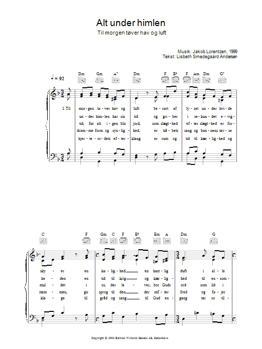 Jakob Lorentzen Alt Under Himlen - Til Morgen Tøver Hav Og Luft sheet music, chords, lyrics - Printable PDF for Piano, Vocal & Guitar (Right-Hand Melody)