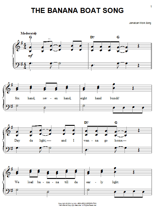 Learn to play Jamaican Work Song The Banana Boat Song (Day-O) sheet music for Easy Piano in minutes. Jamaican Work Song The Banana Boat Song (Day-O) sheet music preview music notes and score for Easy Piano including 3 page(s)