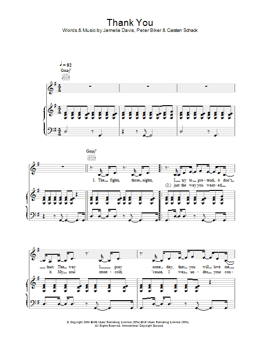 Learn to play Jamelia Thank You sheet music for Piano, Vocal & Guitar in minutes. Jamelia Thank You sheet music preview music notes and score for Piano, Vocal & Guitar including 5 page(s)
