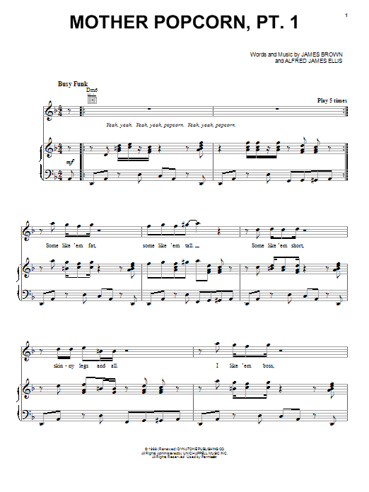 James Brown Mother Popcorn, Pt. 1 sheet music, chords, lyrics - Printable PDF for Piano, Vocal & Guitar (Right-Hand Melody)